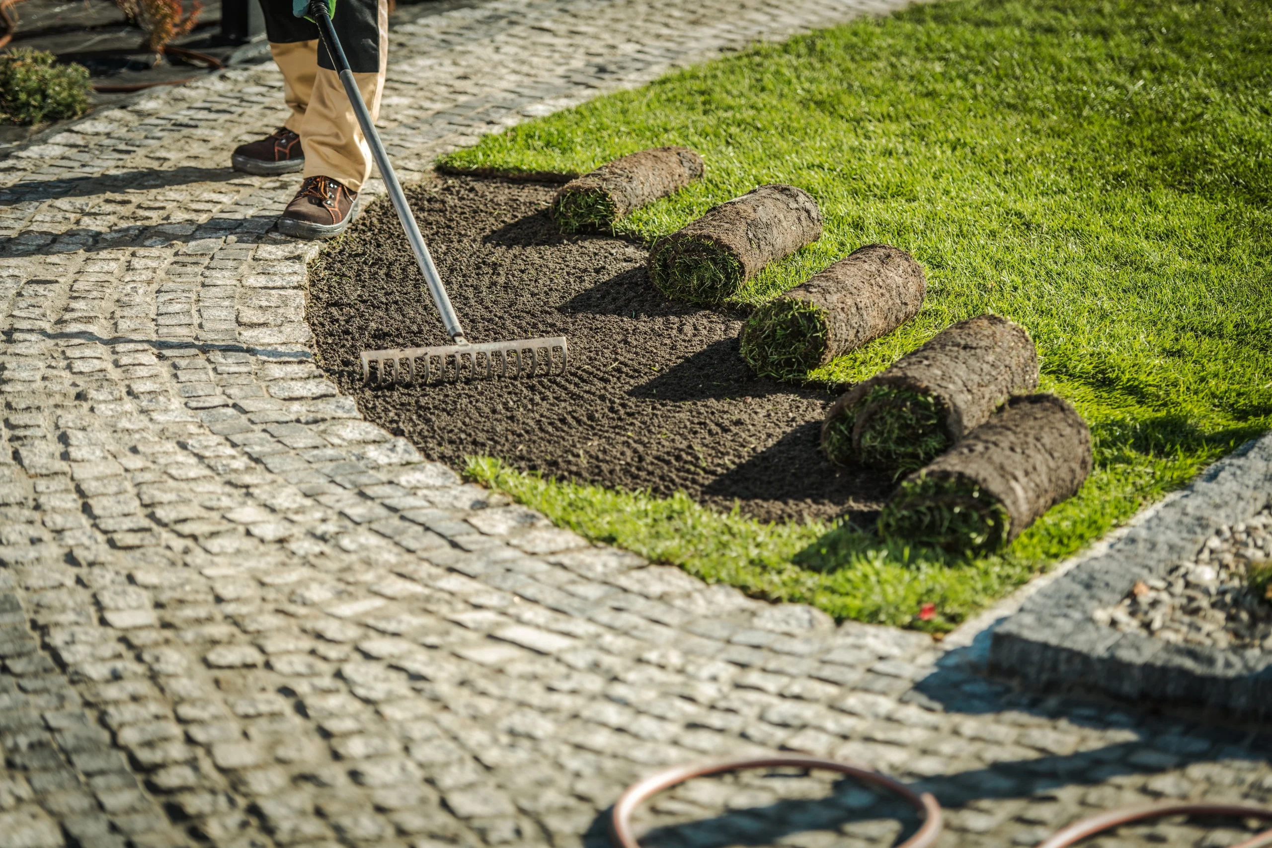 Laying down grass by brick sidewalk