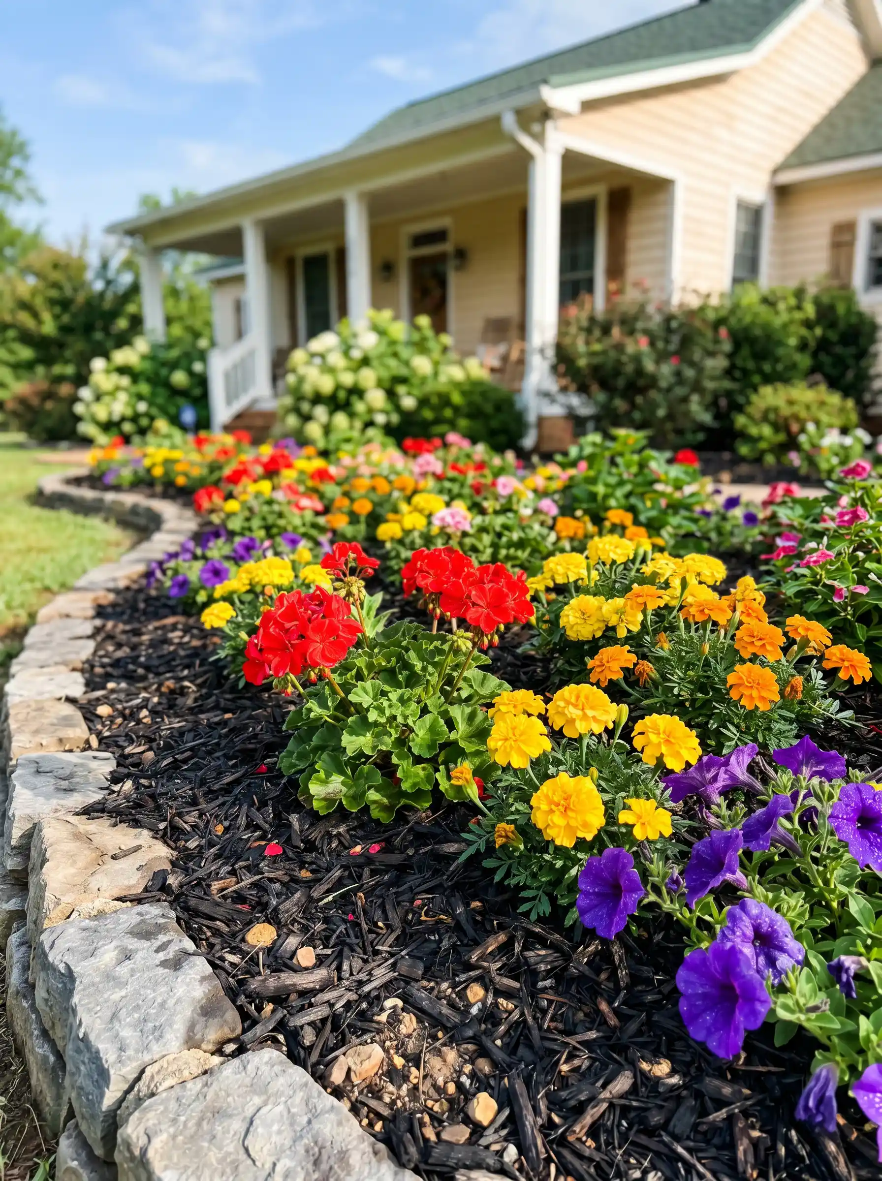 Vibrant flowers in stone-bordered garden in Madison AL from King's Cut