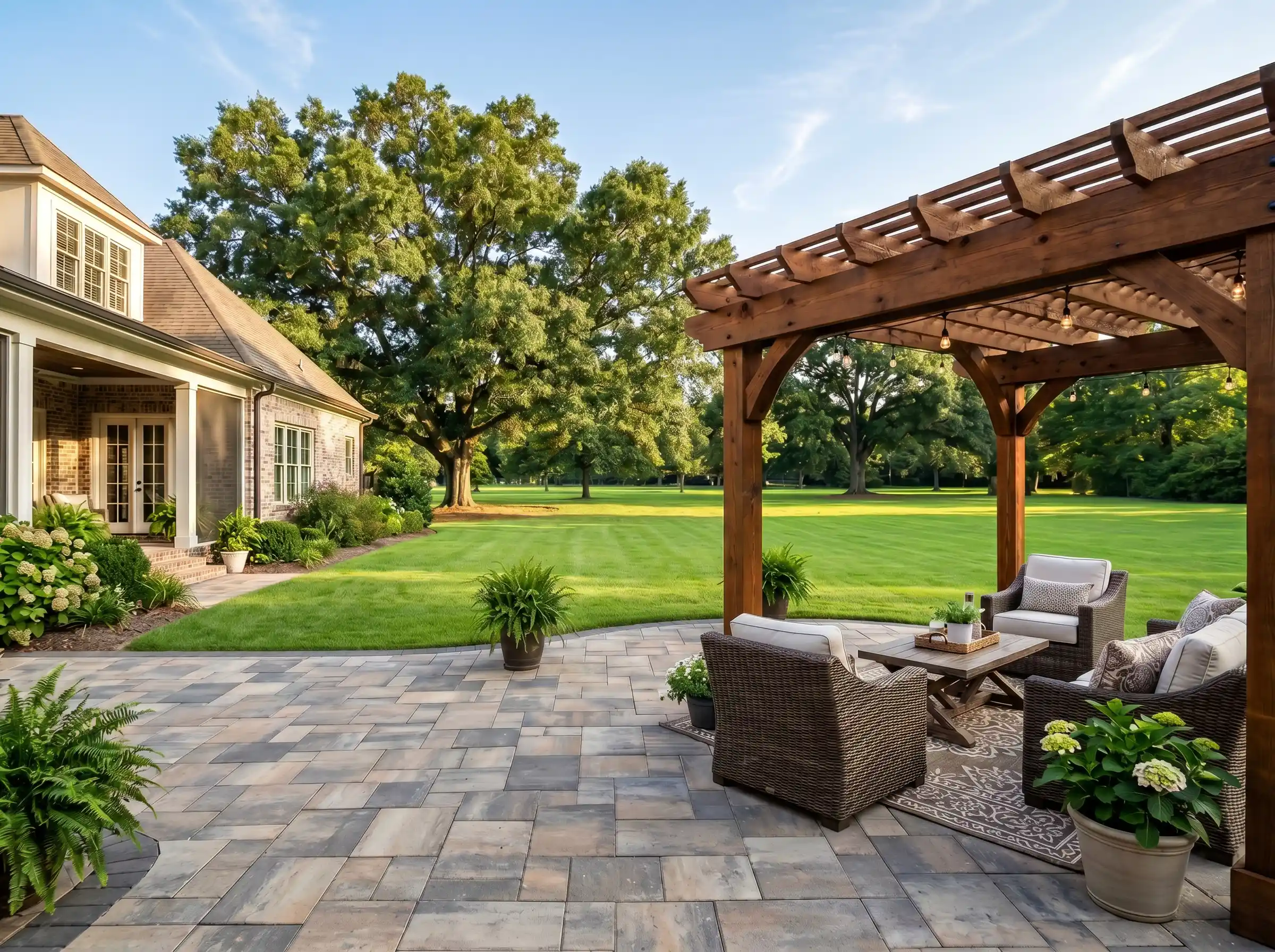 Outdoor paver patio hardscapes installation from King's Cut Landscaping