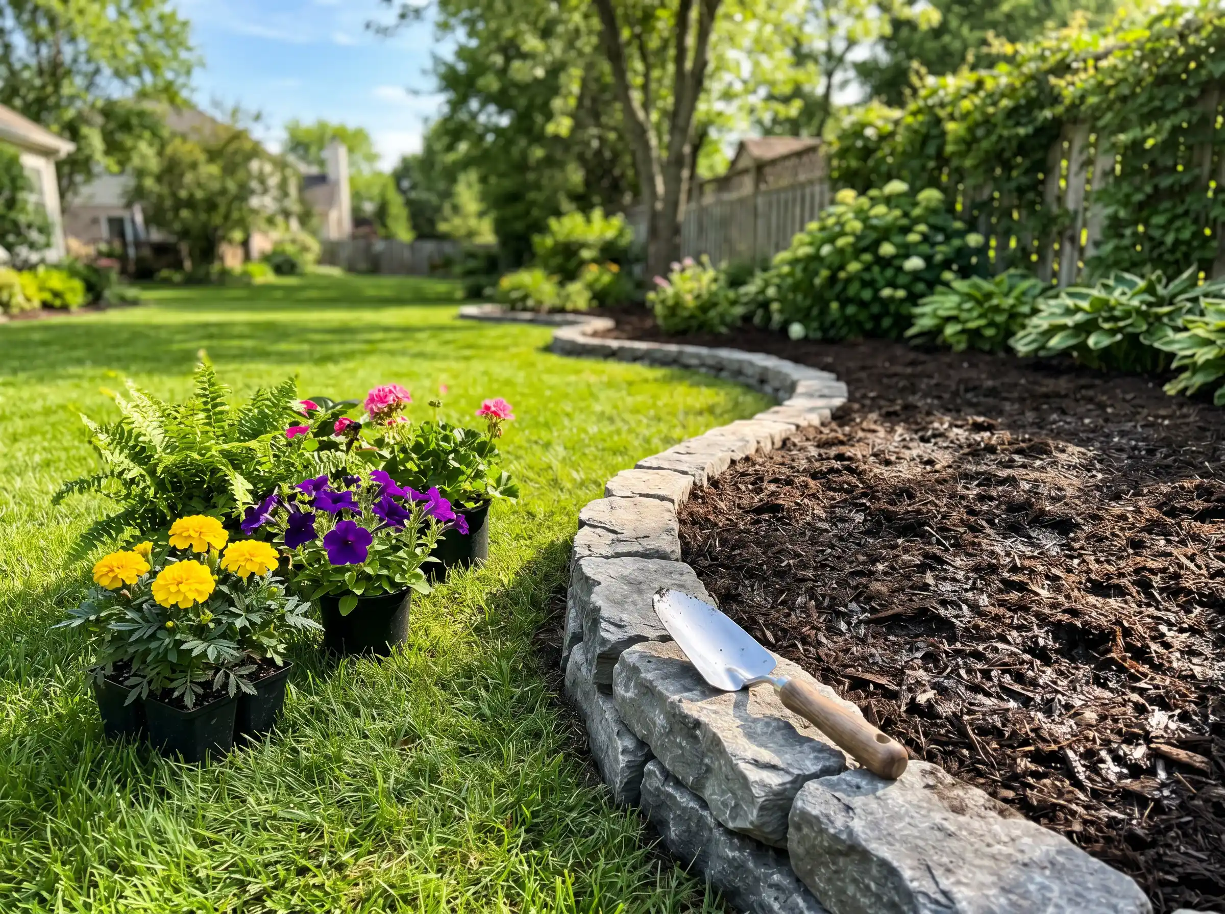 Stone border for a flower bed from King's Cut Landscaping in Madison County, AL