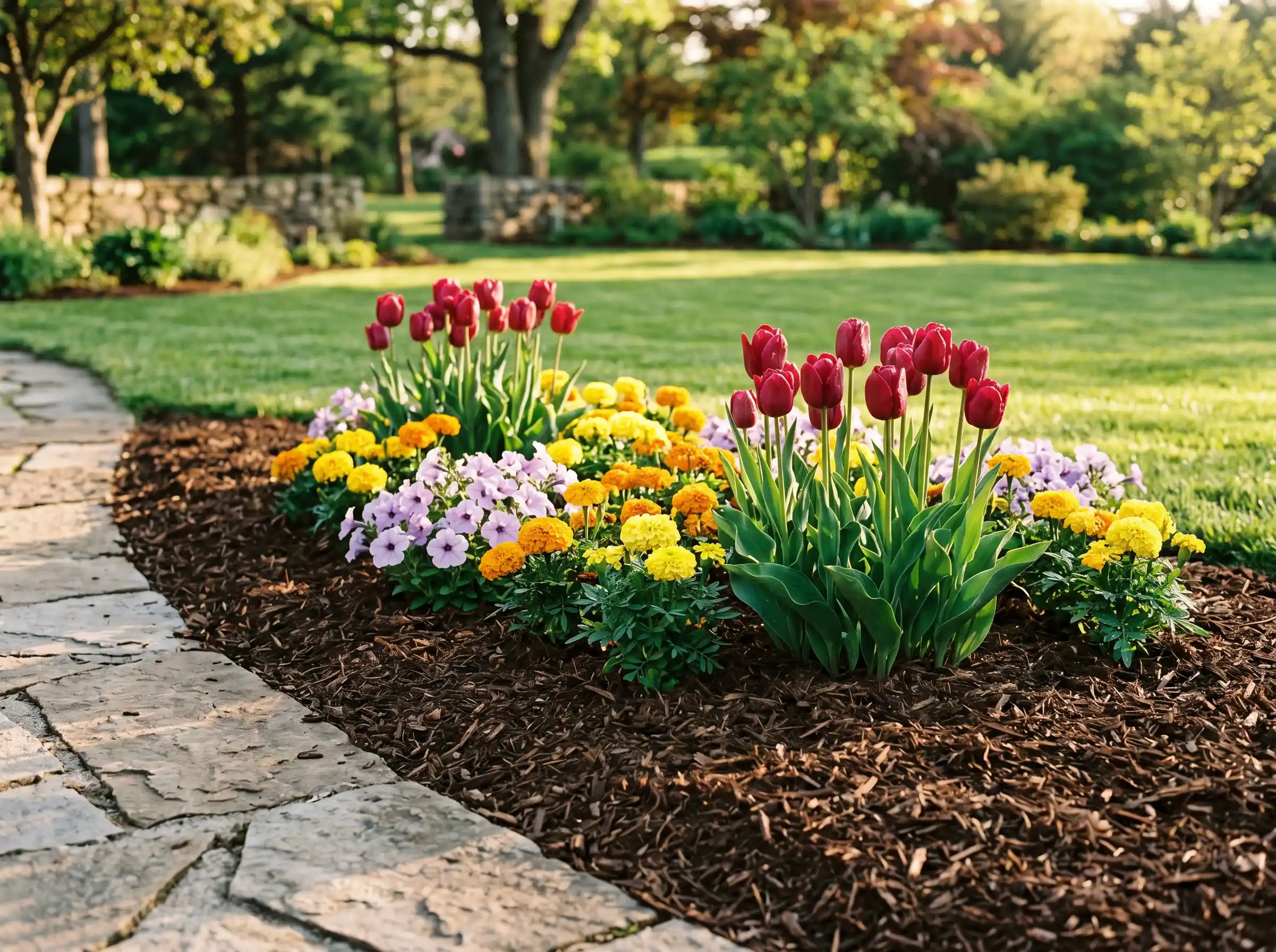 Freshly mulched and planted flowerbed in Madison AL from King's Cut Landscaping