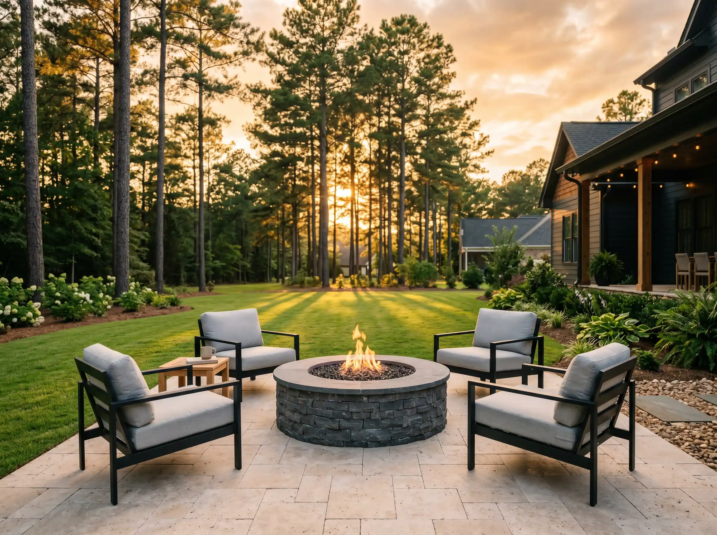 Fire pit outside on a beautiful patio in Madison AL
