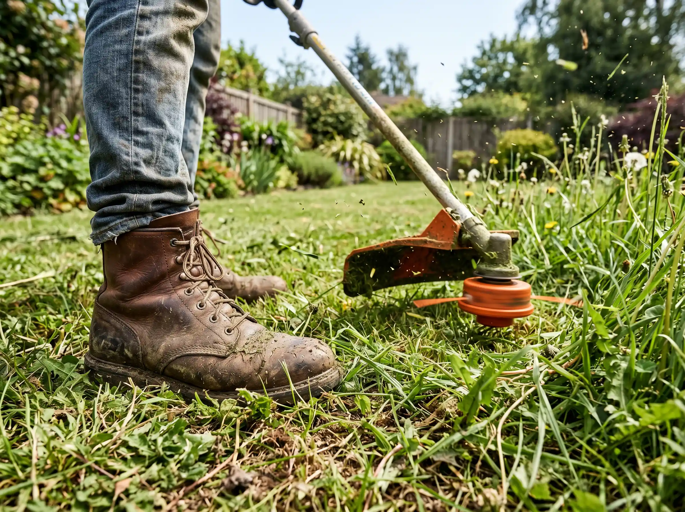 Weed Eater cleaning up a North Alabama Lawn from King's Cut Landscaping