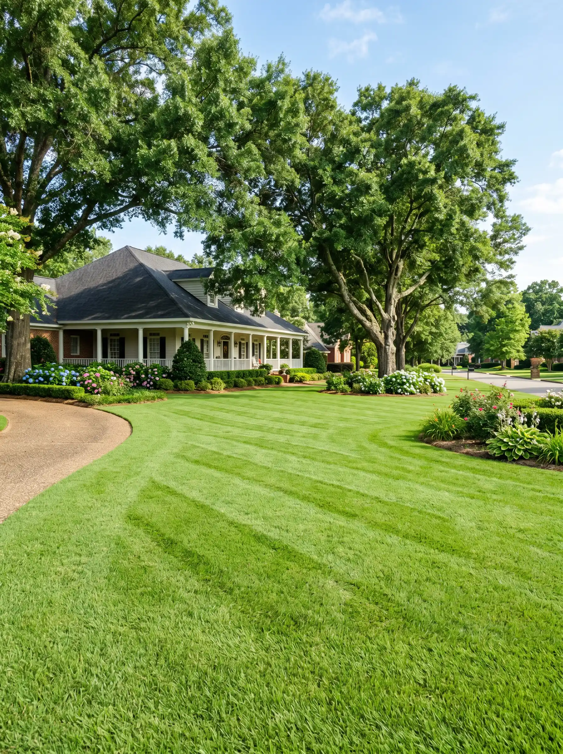Lush green lawn with trimmed grass in Madison Alabama from King's Cut Landscaping